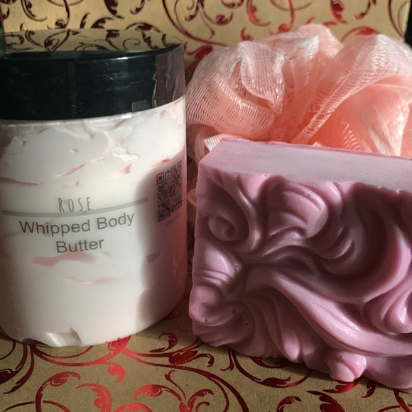 Handmade Rose Body Butter and Soap Bundle with Gift Box and Free Scrubby.